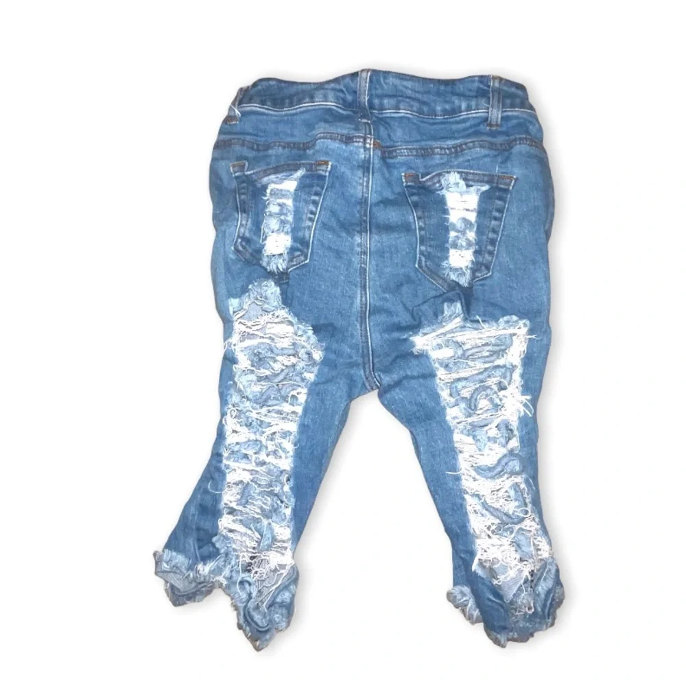 American Bazi Women's Blue Destroyed Denim Distressed Capri Knee Long Shorts